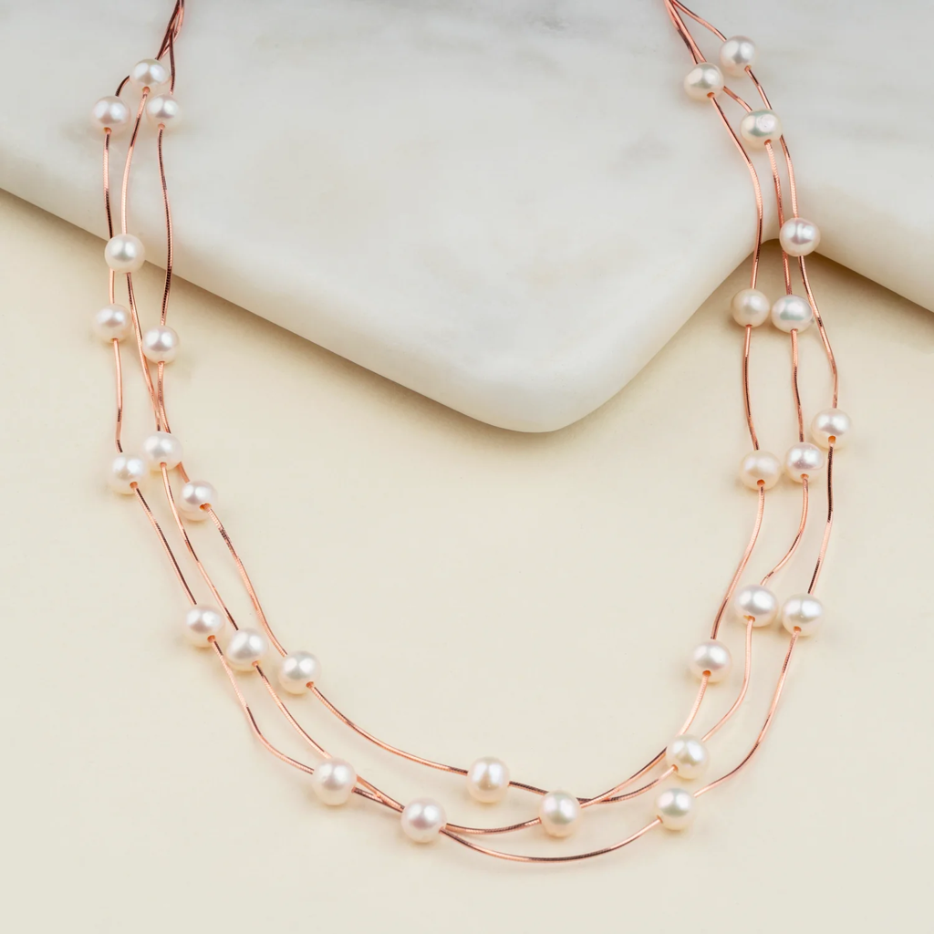 925 Silver Rose Gold Pearl Necklace | Faceted Crystal Necklace : NL1058
