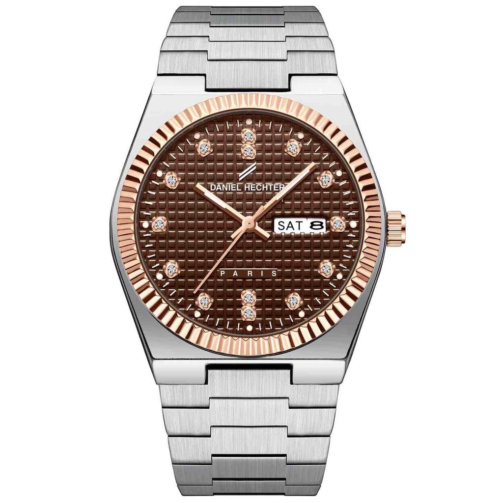 Daniel Hechter Hoche Collection Classic Analog Watch For Men – Textured Dial,Crystal Indices With Fluted Bezel, D : DHM1027-44
