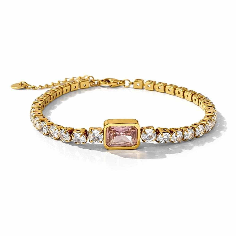 Gold Plated Pink Crystal Tennis Bracelet For Women | Elegant Party Wear Stone Bracelet : 100699
