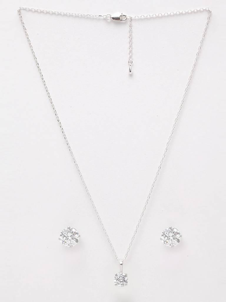 925 Sterling Silver Rhodium Plated Round Pendant Earring Necklace Set With Chain Gift For Women And Girls : CSWZMP80ME51_SCH