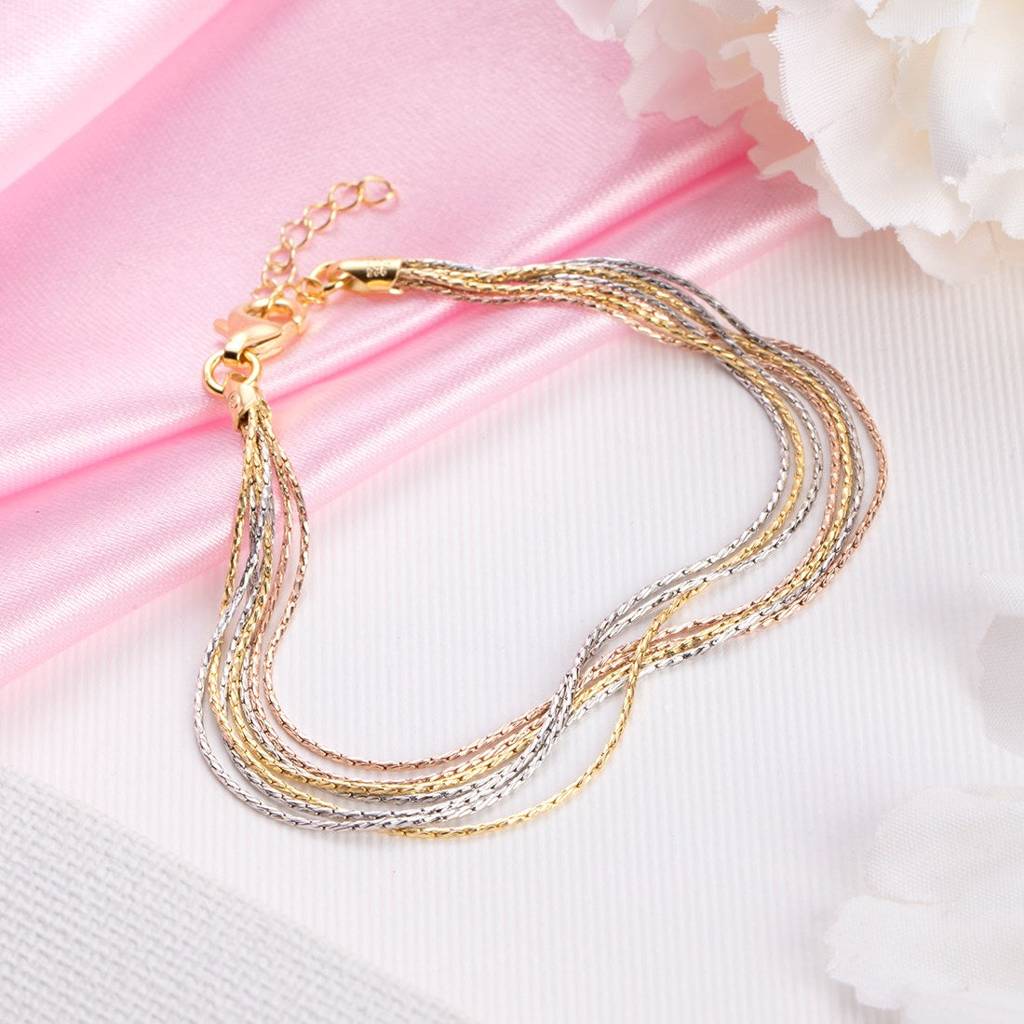 Sevenfold Radiance Triple Tone-Plated 7 Chain 925 Sterling Silver Bracelet : BR-80268-RGRG