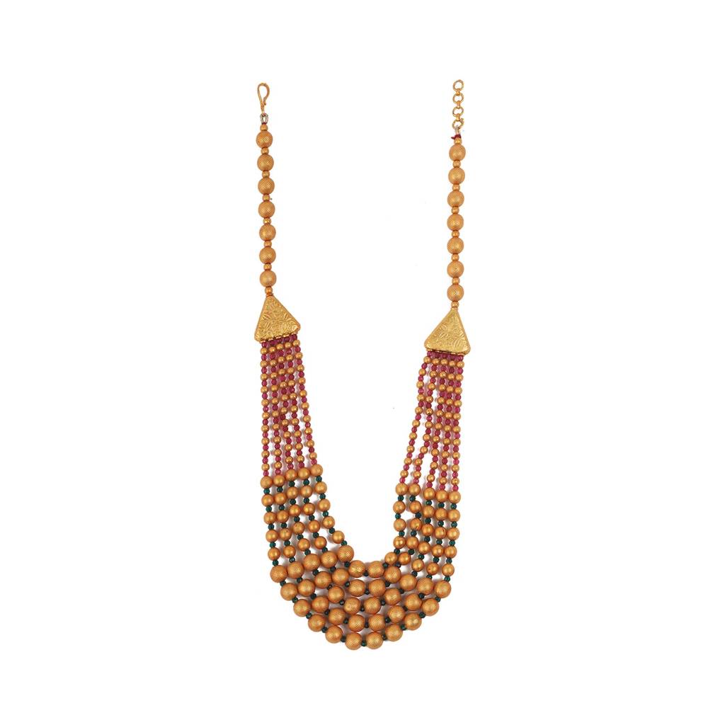 Gold Plated Multilayer Brass Mala Necklace Set With Flower Earrings : MalaRed01