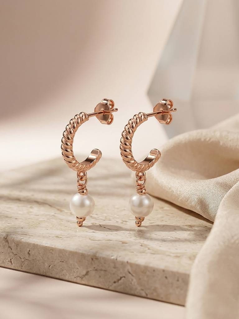 Eternz Certified Jewellery - Carlton London18Kt Rose Gold Plated Dangling Pearl Geometric Half Hoop Earring