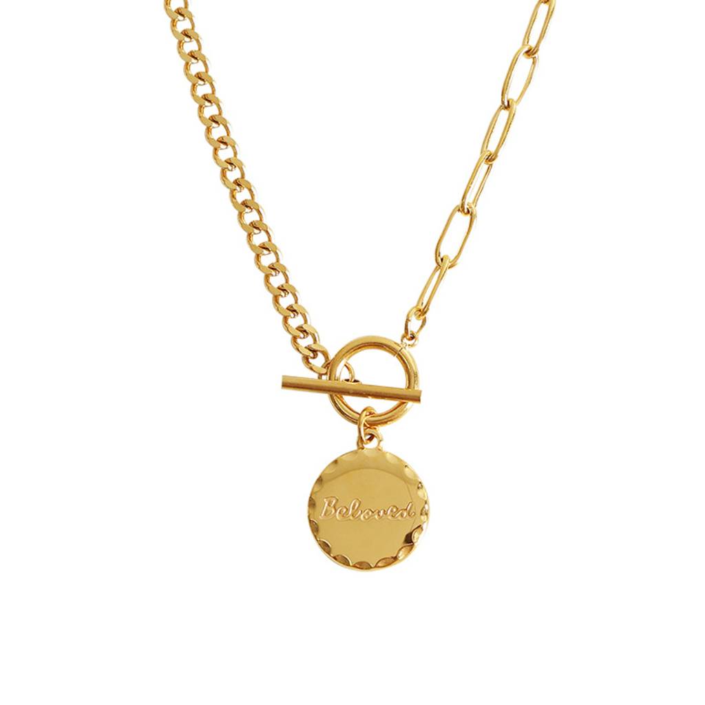 18K Gold Plated Waterproof, Anti-Tarnish "Beloved" Engraved Pendant Necklace : AOU0125N12G