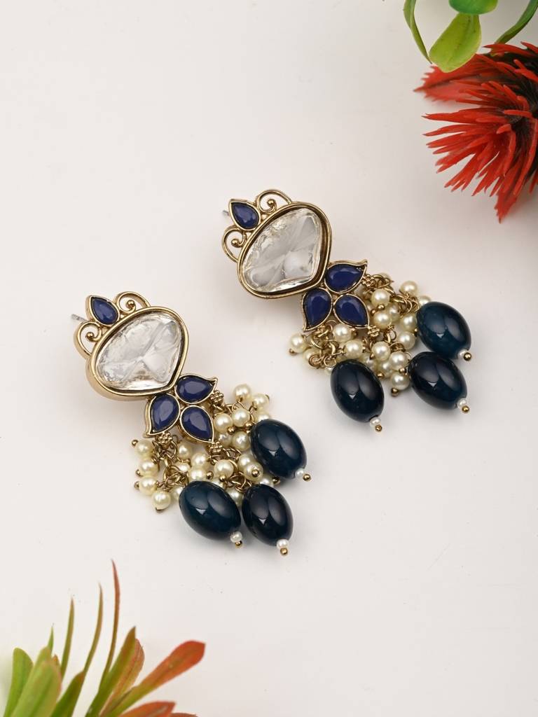 Gold Plated Kundan & Pearl Drop Earrings : S24FAER410BLU