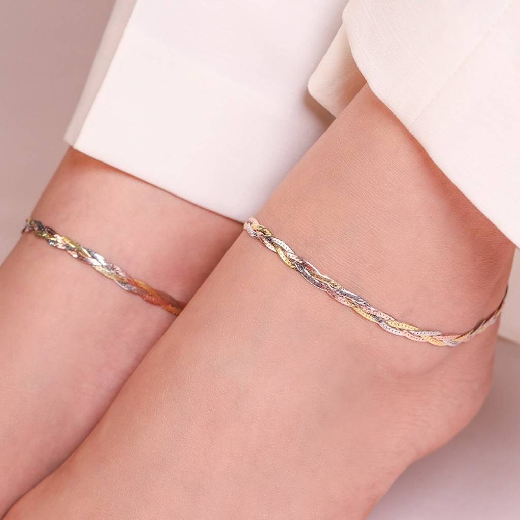 Triple Tone Braided 925 Silver Anklet : ANK-60049-PAIR