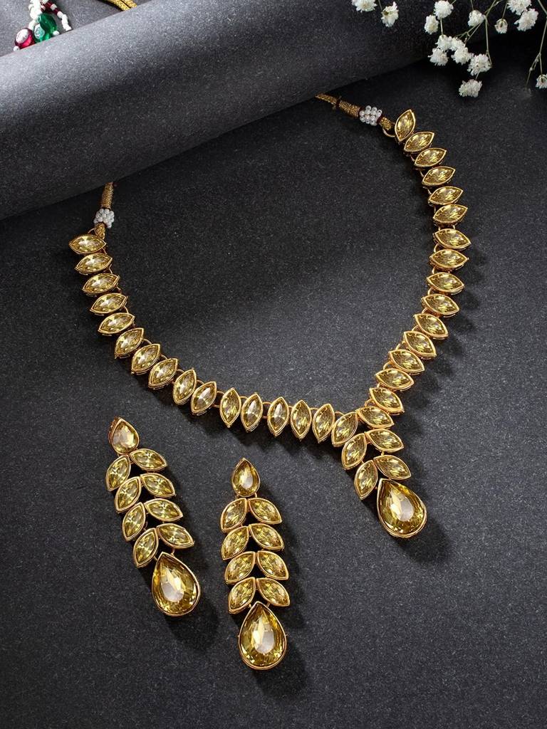 Peora Gold Plated Traditional Crystal Studded Long Necklace Earrings Jewellery Set For Women : PF24N15LCT