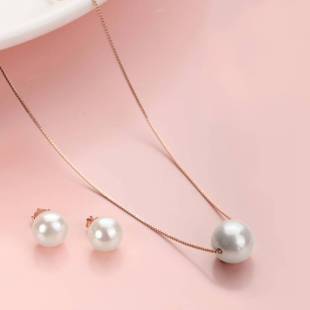 Freshwater Pearl 925 Silver Jewellery Set In Rose Gold : CJS-10014