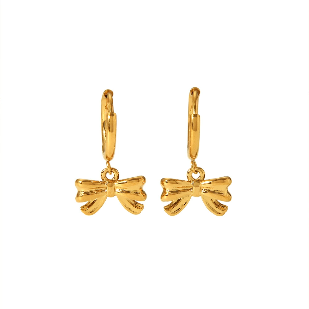 18K Gold Plated Waterproof Anti-Tarnish Bow Drop Huggie Earrings : ANX0125E354