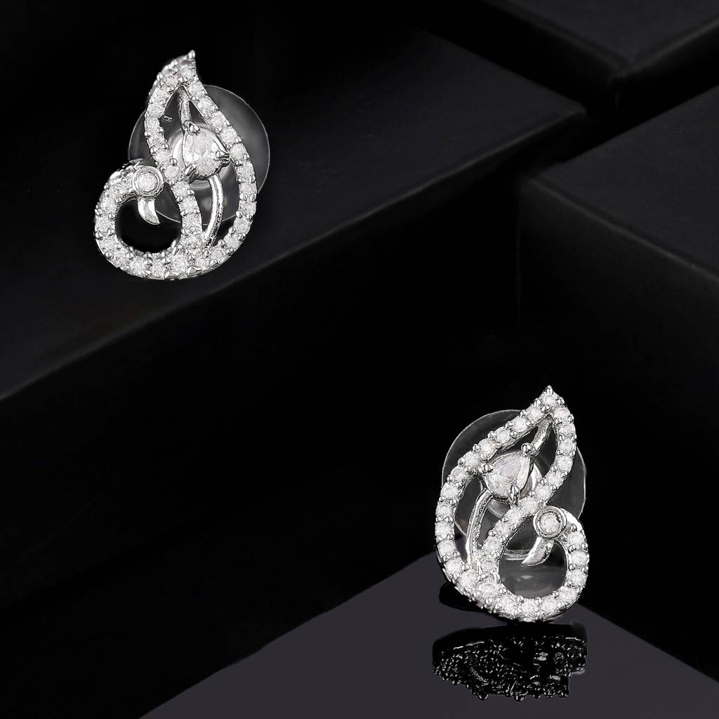 Estele Rhodium Plated Cz Peacock Designer Stud Earrings For Women