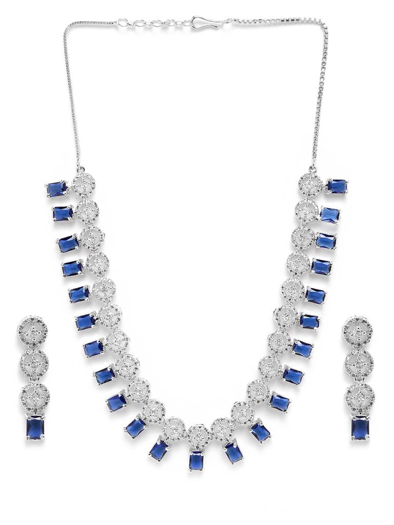 Silver Plated Square Ad Necklace Set : AD134BLUE