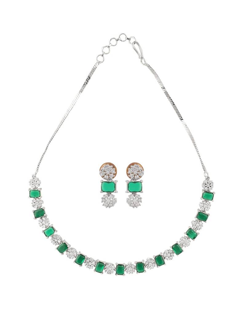 Emerald Green Rectangle Stone Necklace Set With Ad Crystal Drop Earrings For Women : sundarii-JS