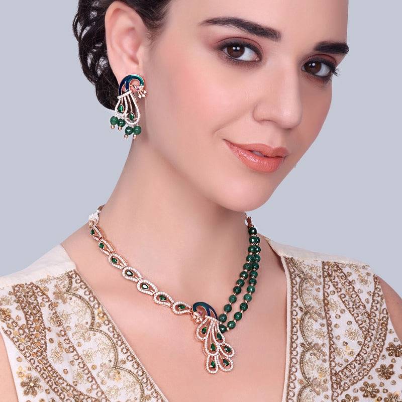 Rose Gold Plated Peacock Necklace Set With Green Beads & White Cz Stones | Festive & Wedding Wear : AD-916-RGGNNKER