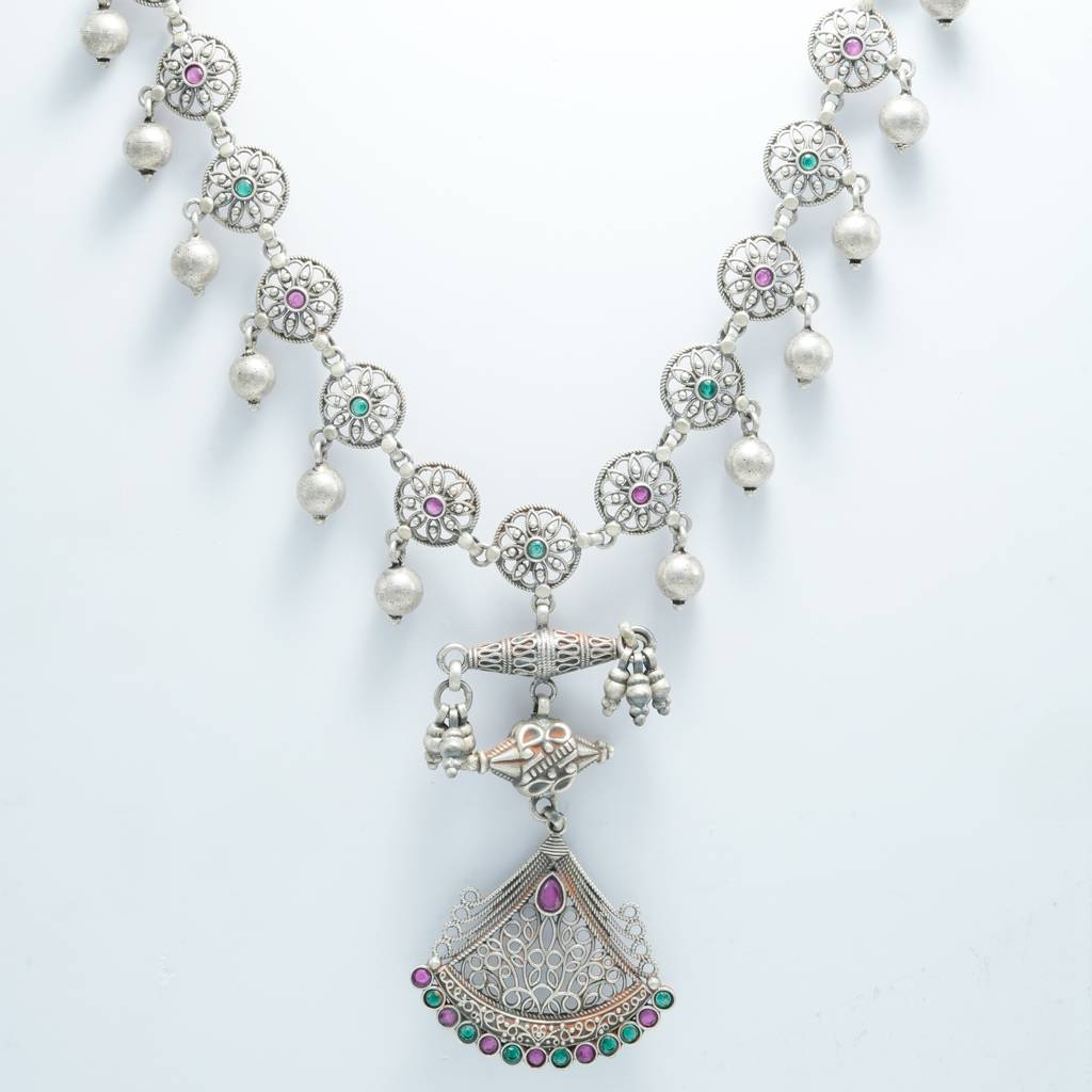 925 Pure Silver Antique Elegant Necklace | Oxidized Silver Long Coin Necklace : NL1025A