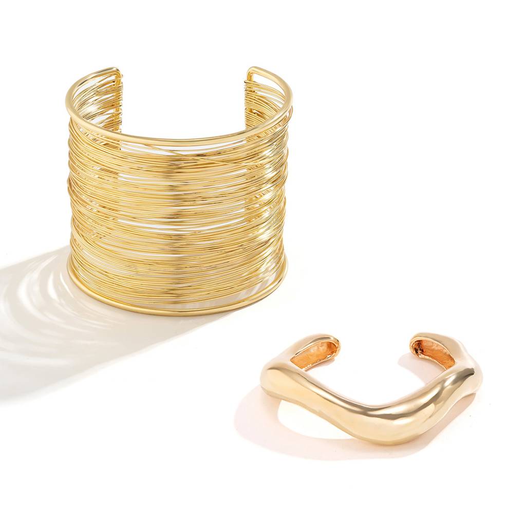 Gold/Silver Plated Anti-Tranish Bold Chunky Coil Wire And Wavy Statement Open Cuff Bracelet Combo : ADNSX0525B6712GC2