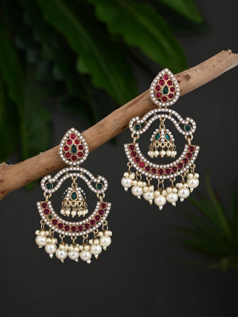 Gold Plated Stone & Beads Chandbali Earring : S24KCER438MLT