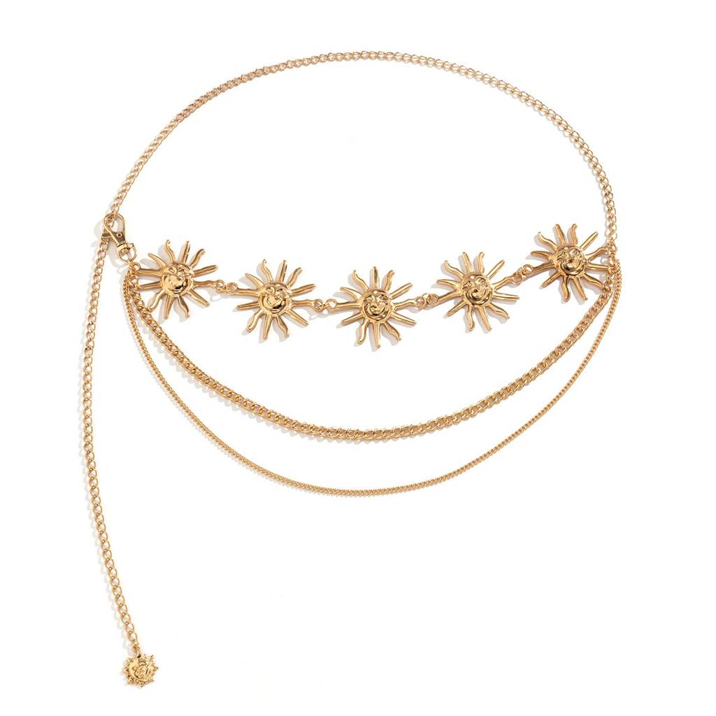 Boho Style Gold Plated Smiling Sun Layered Waist Chain : AMU0125WC492G