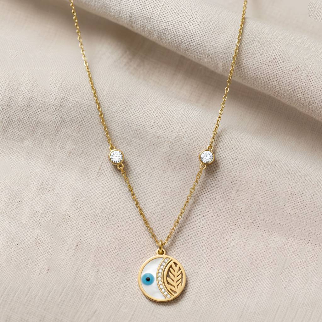 Gold Plated Evil Eye Leaf Charm Pendant Necklace : HSPS60MB1471