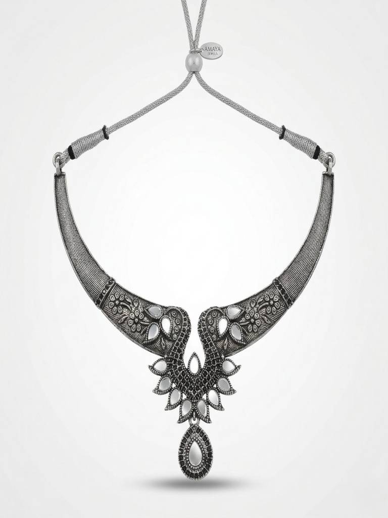 Oxidized Alloy Metal Statement Necklace Set With Matching Earrings With Maang Tikha Handcrafted Fashion Jewelry W : SHBOMNS315