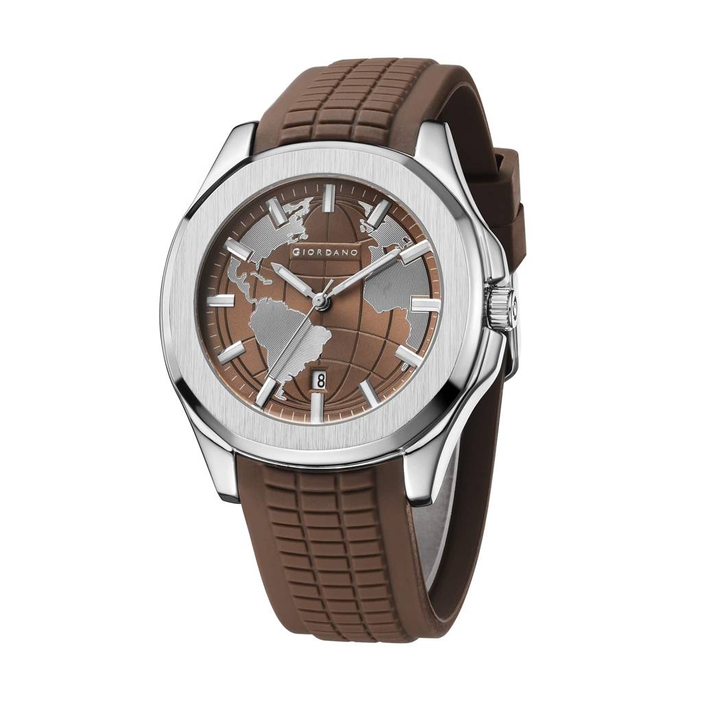 Stylish World Map Design Analog Watch For Men With Silver Case Round Dial, Textured Silicone Strap, Water Resist : GZ-50147-04