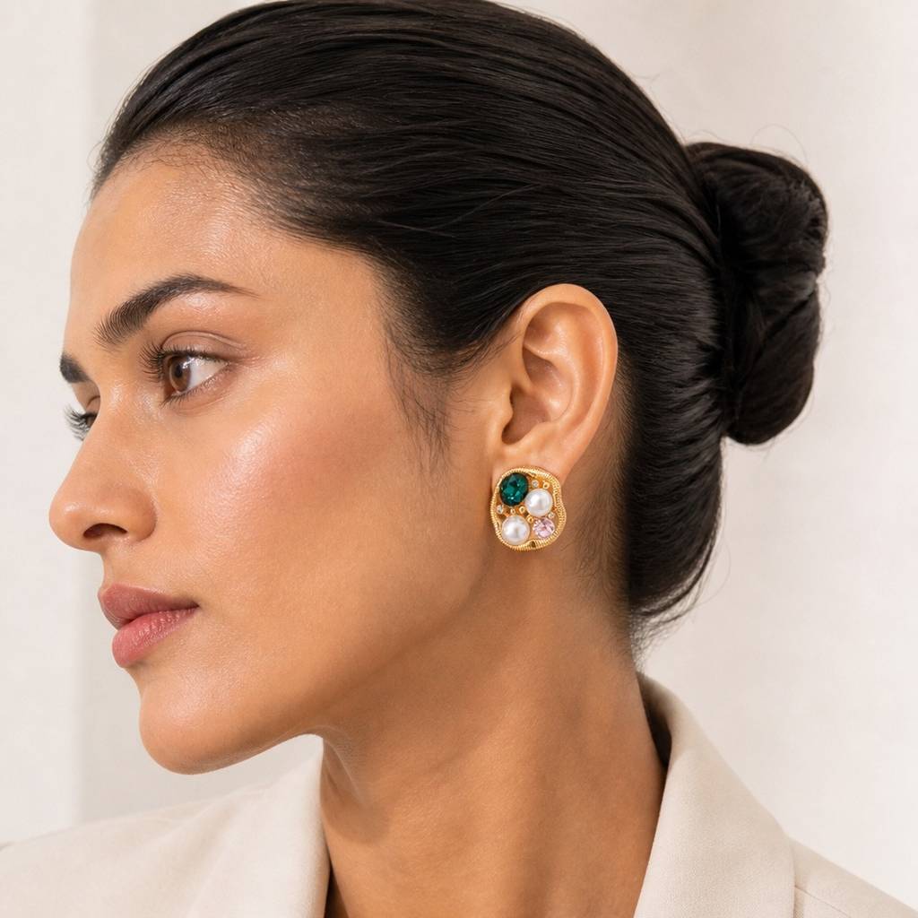 Emerald, Pearl & Pink Crystal Cluster Stud Earrings : RRAPR26AID-37