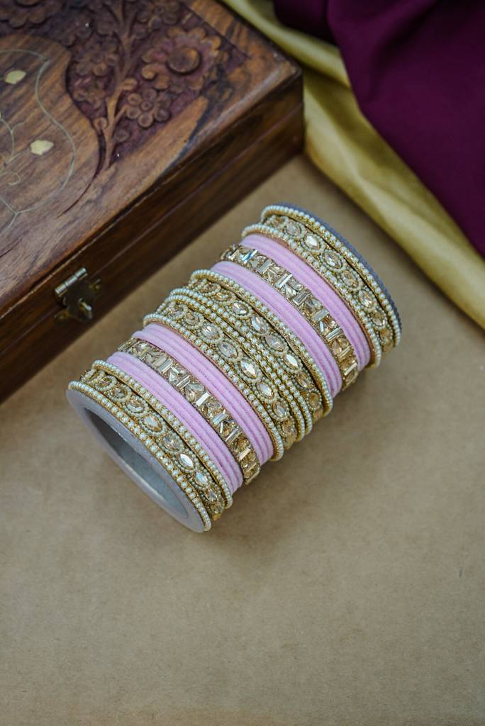 Premium Velvet Bangles Set – Wedding & Party Wear : HJ-28-24-PINK