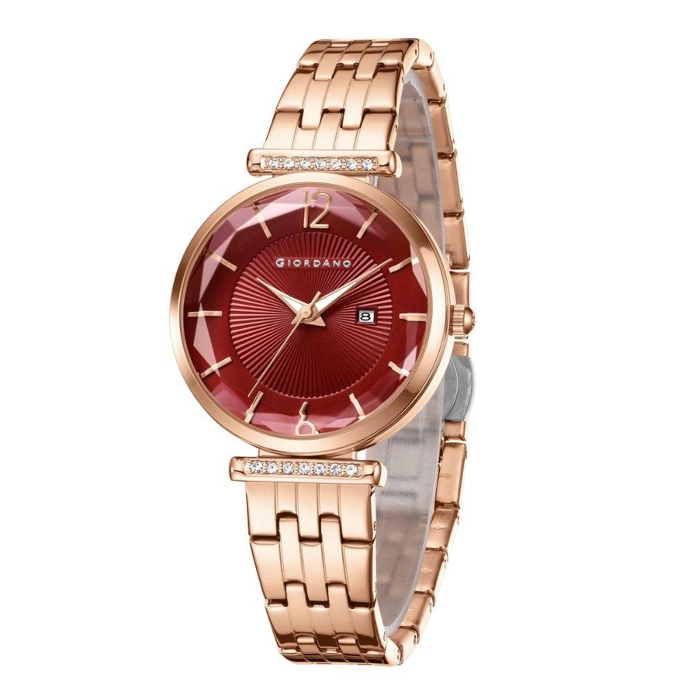 Giordano Exquisite Analog Watch For Women With Round Cut Glass Textured Dial, Stainless Steel Strap And Date Dis : GZ-60111-55
