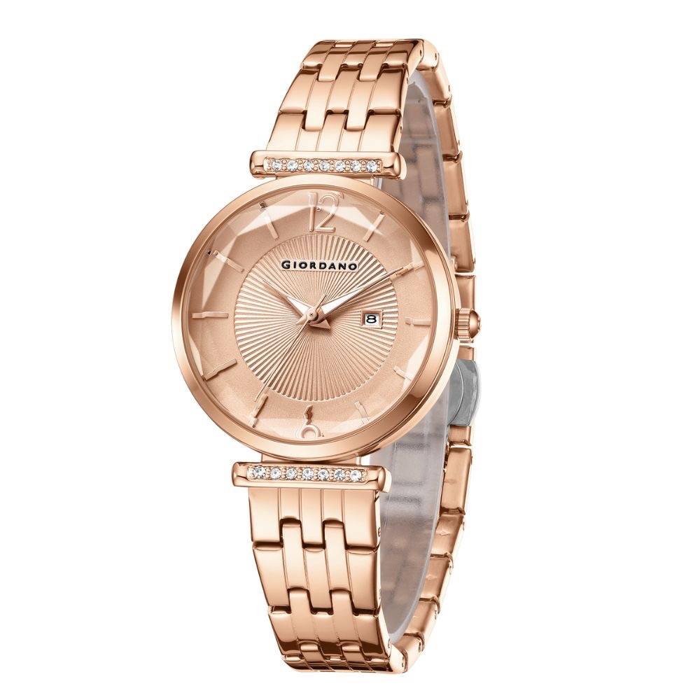 Giordano Exquisite Analog Watch For Women With Round Cut Glass Textured Dial, Stainless Steel Strap And Date Dis : GZ-60111-44