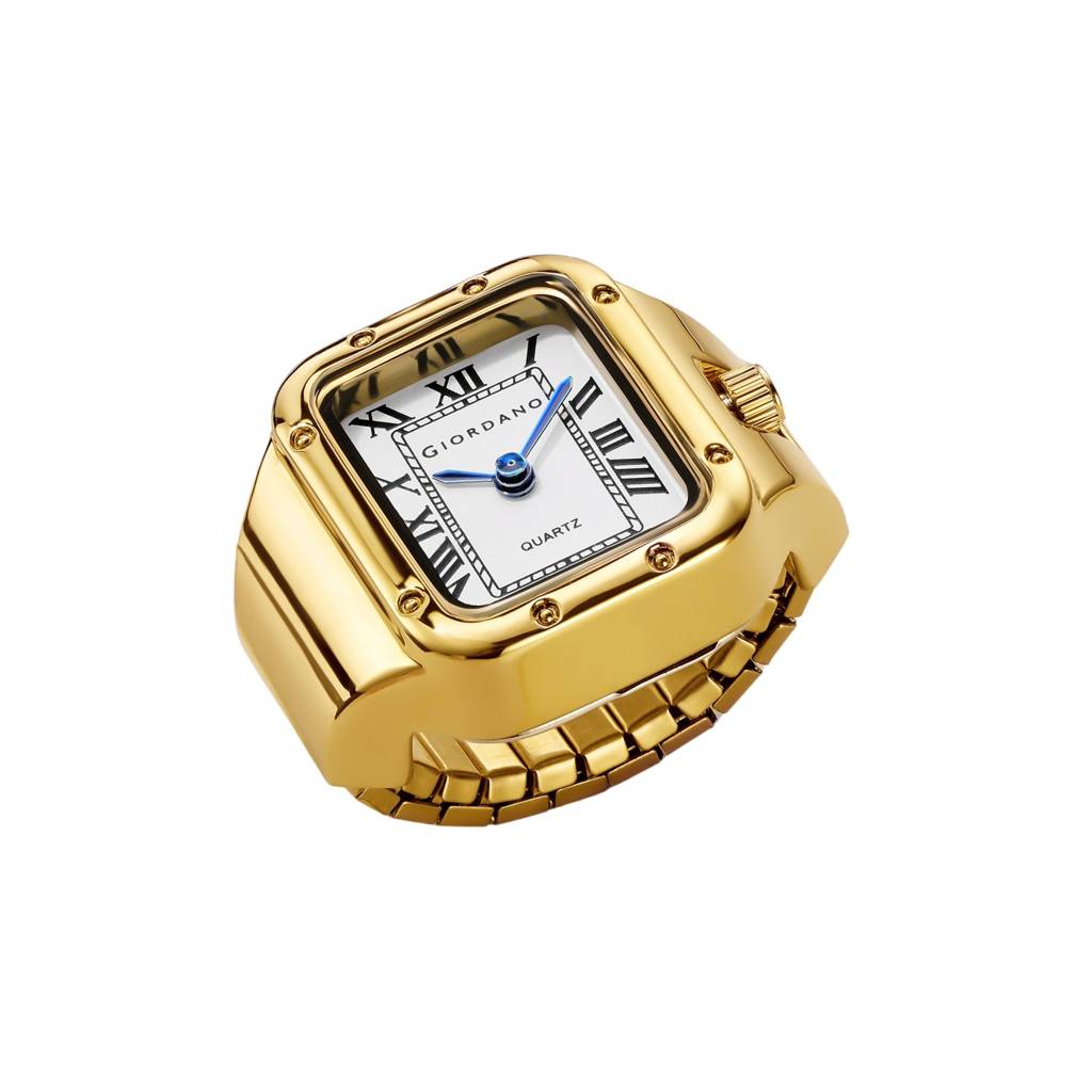 Analog Ring Watch For Women With Rectangular Dial, Roman Numeral Markers, Blue Hands, Quartz Movement And Stainl : GZ-60186-11