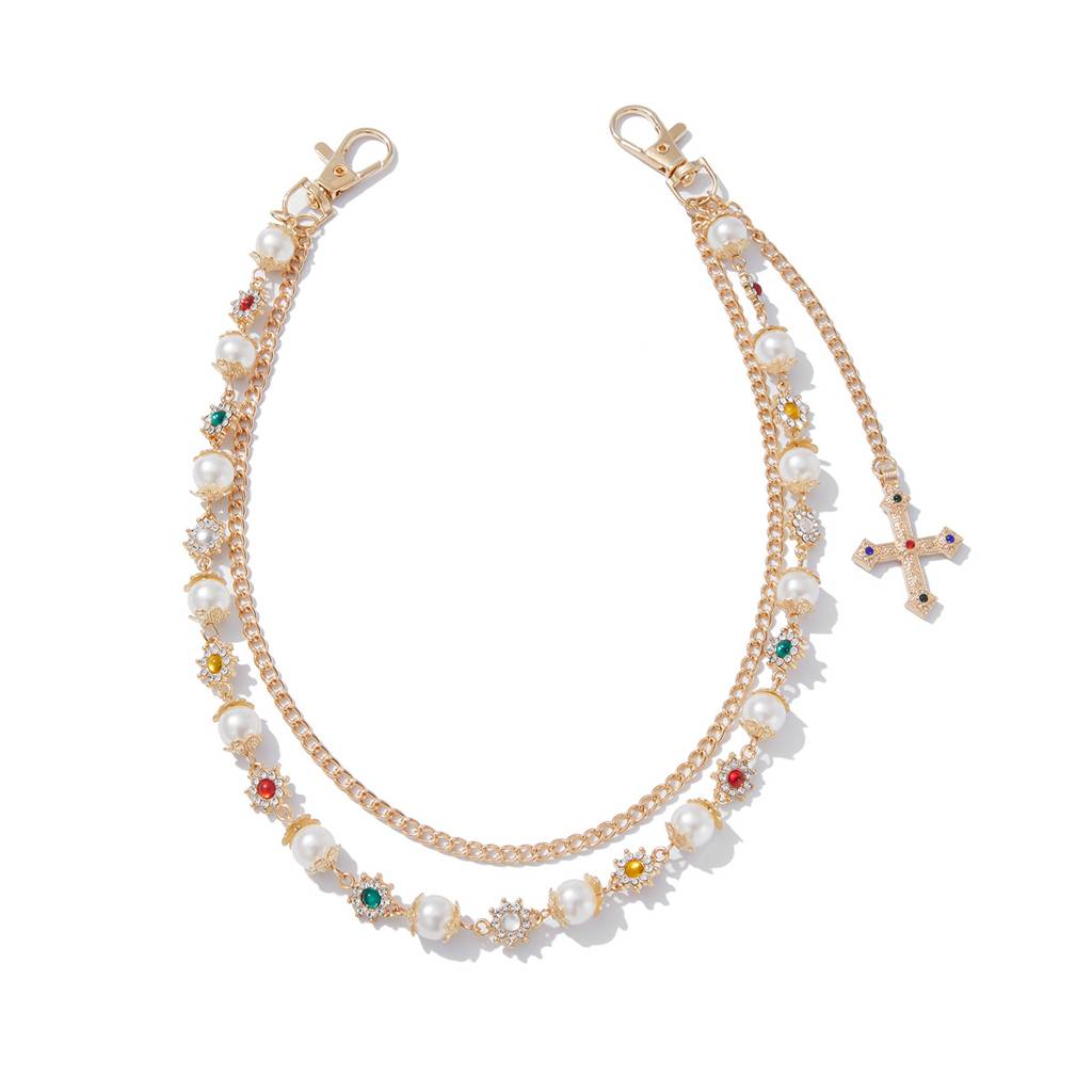Mens Gold/Silver Plated Anti-Tarnish Two Layer Rhinestone With Pearl Cross Pant Chain : ADN0825WC1755G_M
