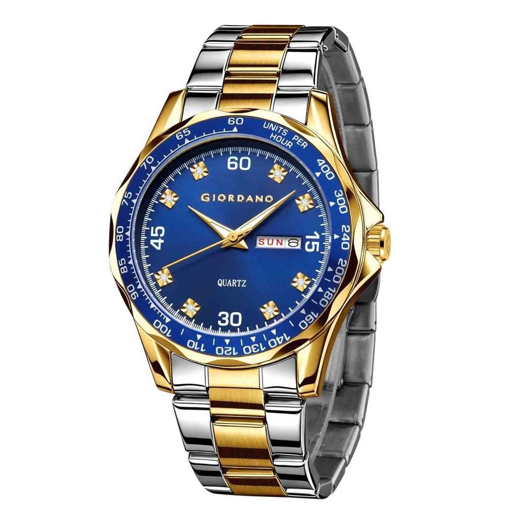 Giordano Two-Tone Analog Watch For Men - Crystal Hour Markers, Textured Bezel Design, Day & Date Display, Stainl : GZ-50177-22