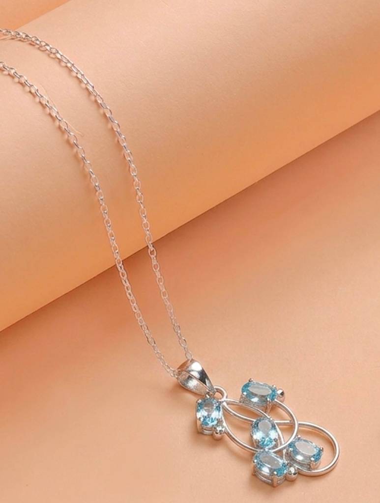 925 Sterling Silver Blue Topaz Pendant With 18 Inch Chain Handmade Gemstone Necklace For Women Elegant Jewelry : FU-1056