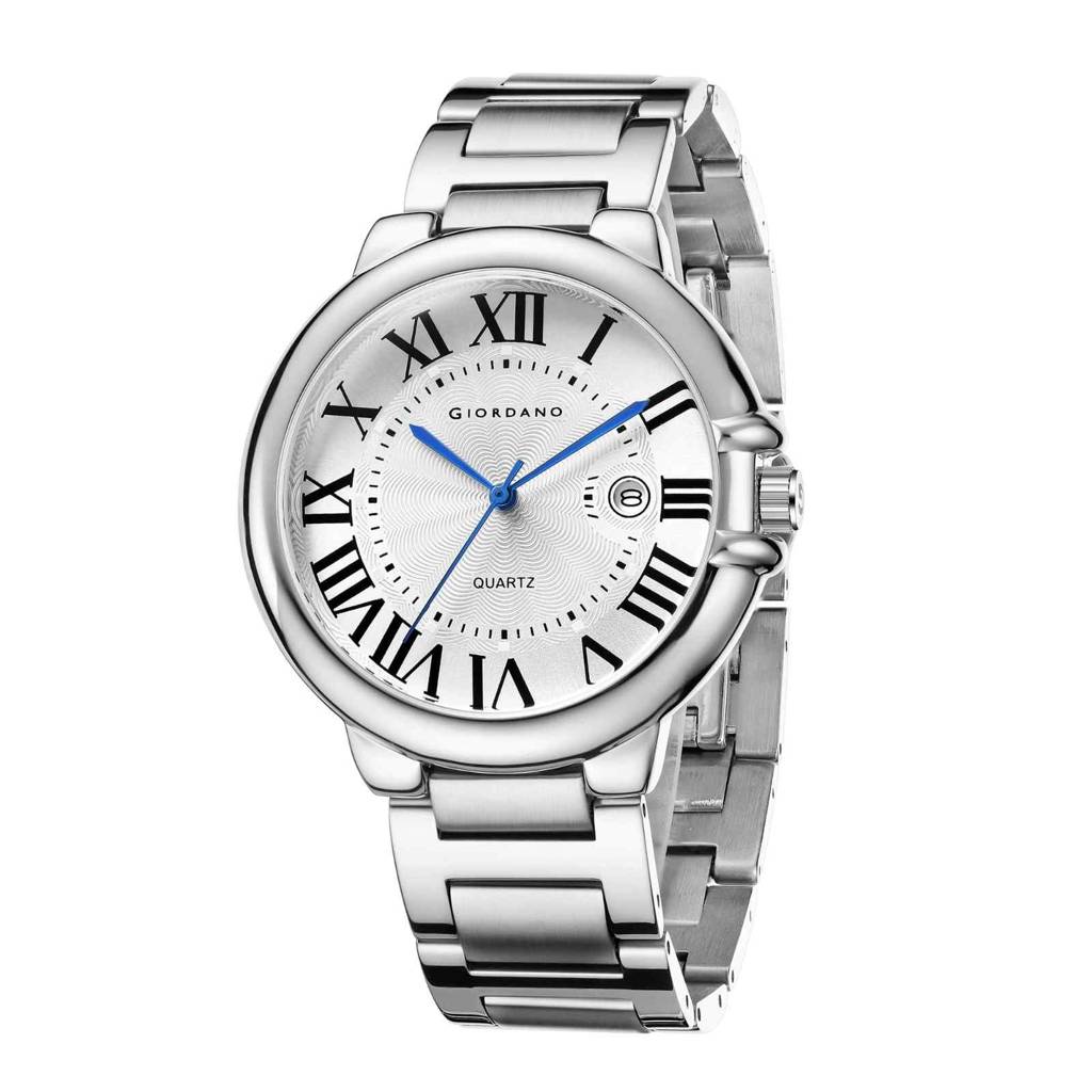 Giordano Analog Quartz Watch For Men Â Stainless Steel Strap, Textured Dial With Roman Numerals, Blue Hands, D : GZ-50187-11