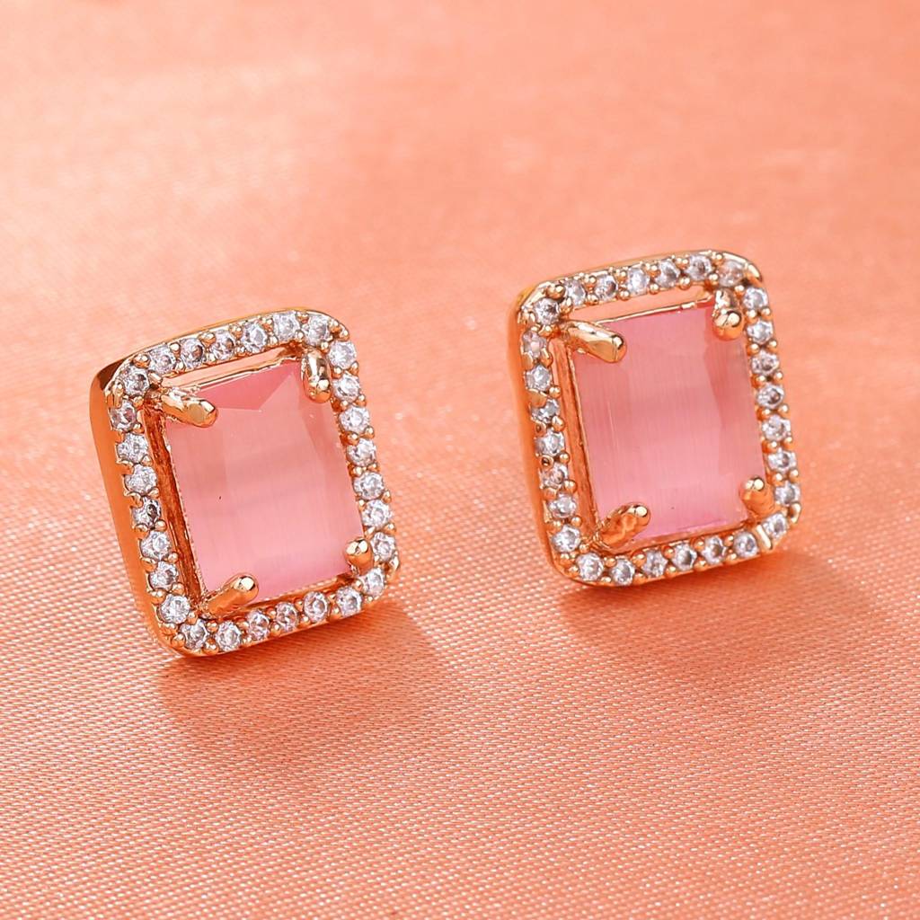 Estele Rose Gold Plated Cz Square Designer Stud Earrings With Mint Pink Stones For Women