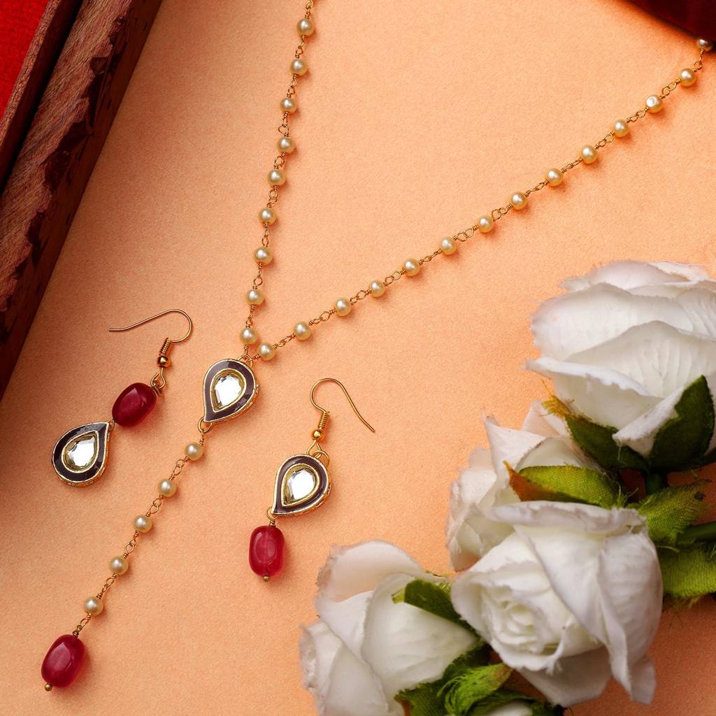 22Kt Gold-Plated Enamel Kundan Pearl Chain Set : PE10018