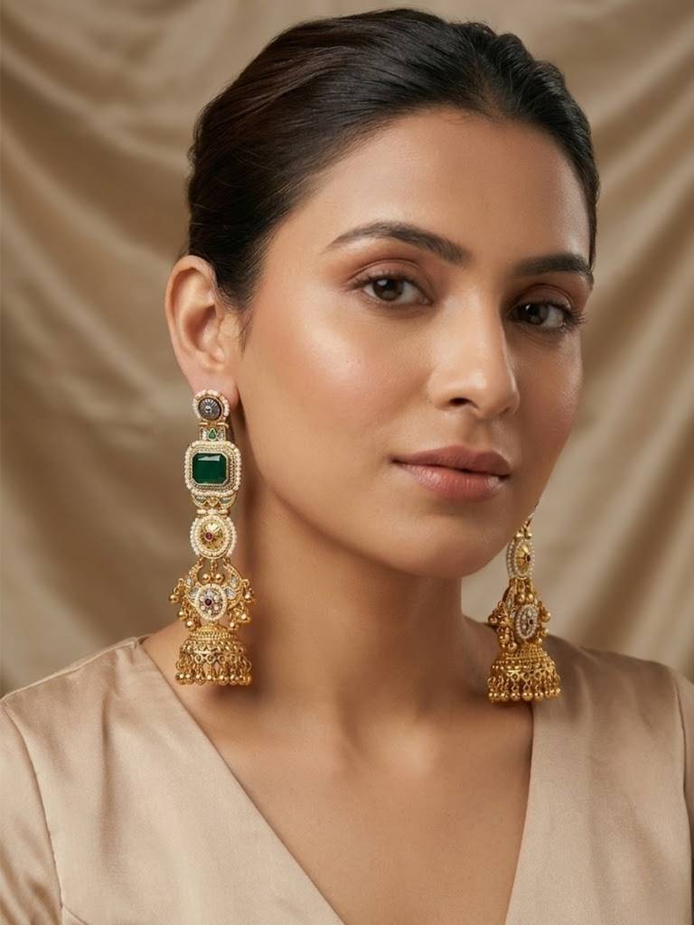 Gold-Plated Kundan And Stone Long Chandbali Jhumka Earrings : VI26EROX100343