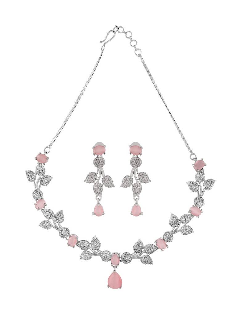 Floral Leaf Pink Crystal Necklace Set With Matching Earrings For Women : Sapna-JS