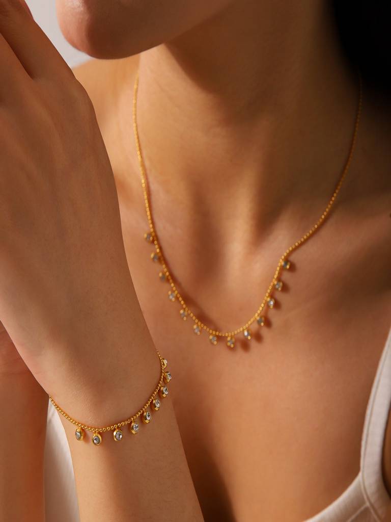2 Ways Zircon Necklace And Bracelet Set 18K Gold Plated Waterproof Anti-Tarnish : AHC0925NB0347C2