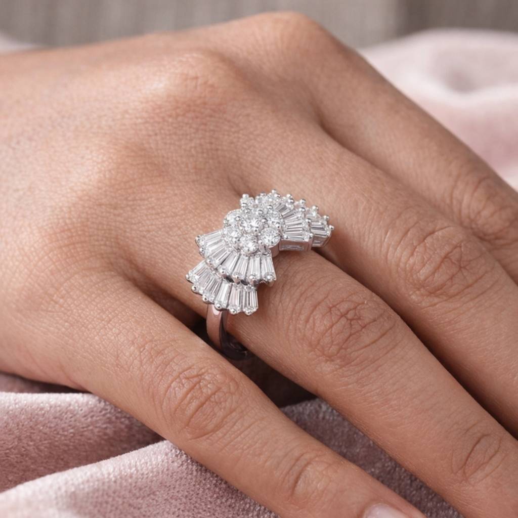 Sliver- Tone Luxury Sparkling Cluster Bloom Diamond Anti-Tarnish Ring : HSPS60MB1702