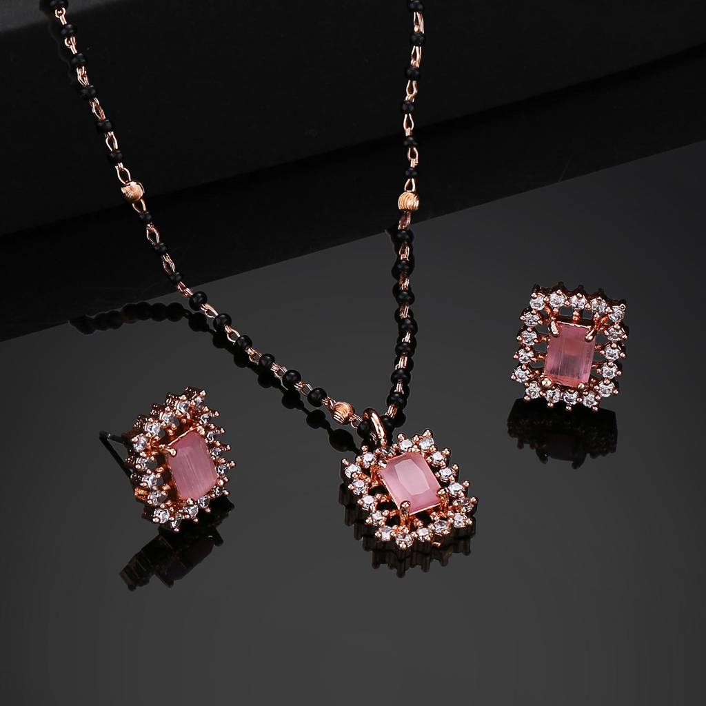 Estele Rose Gold Plated Cz Mangalsutra Necklace Set With Mint Pink Stones For Women