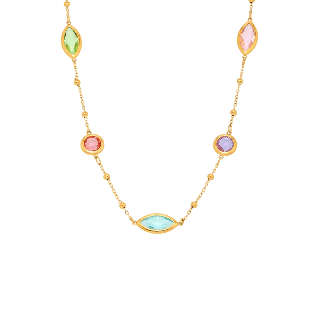 18K Gold Plated Anti-Tarnish Glass Stone Chain Necklace : ALL0725N285MC