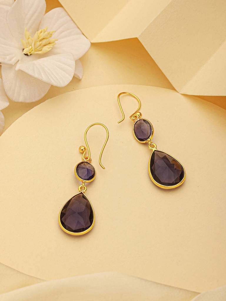 Gold-Plated American Diamond Studded Teardrop Shaped Drop Earrings : STER8200