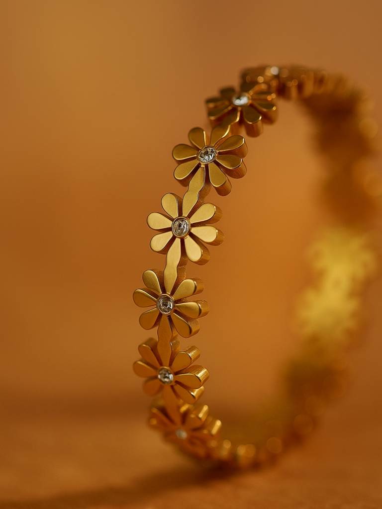 Gold Floral Studded Bangle Bracelet For Women Â 316L Stainless Steel With Cubic Zirconia Stones | Ethnic Press-L : ATB539FSB