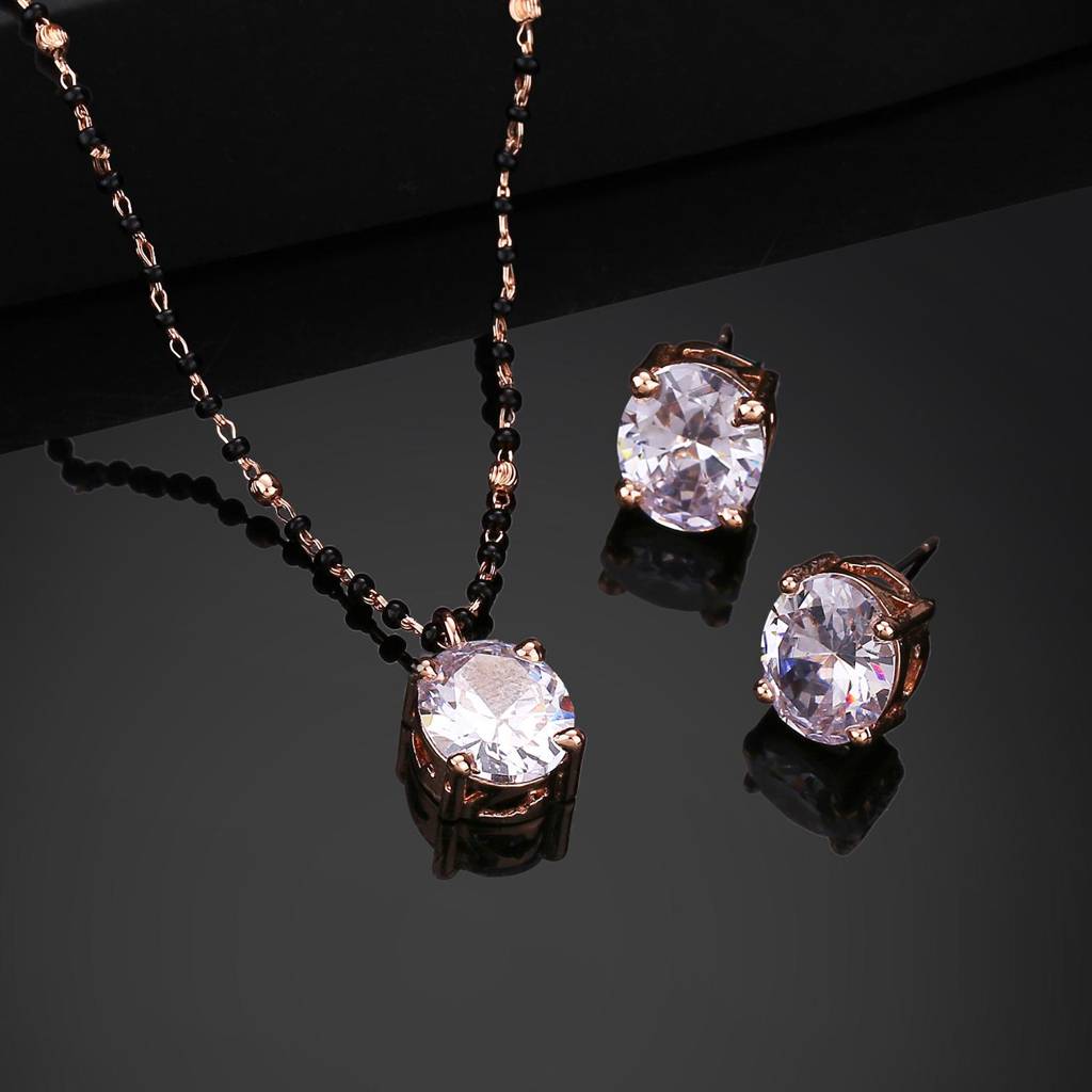 Estele Rose Gold Plated Cz Sparkling Square Designer Mangalsutra Necklace Set For Women