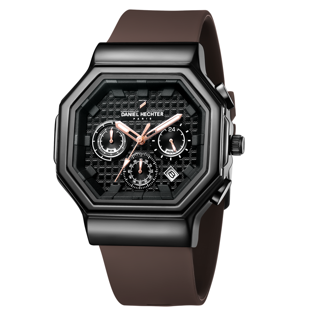 Daniel Hechter Paris Daumesnil Collection Analog Watch For Men Hexagonal Chronograph Watch Black Textured Dial, M : DHM1018-02
