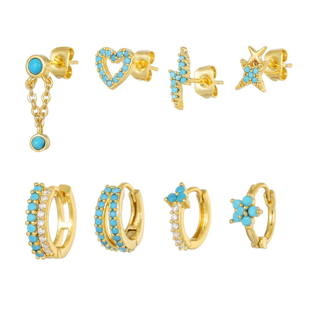 Set Of 8 - 18K Plated Anti-Tarnish Blue Zircon Earring Set For Single Ear Only : AWU0125E544BL