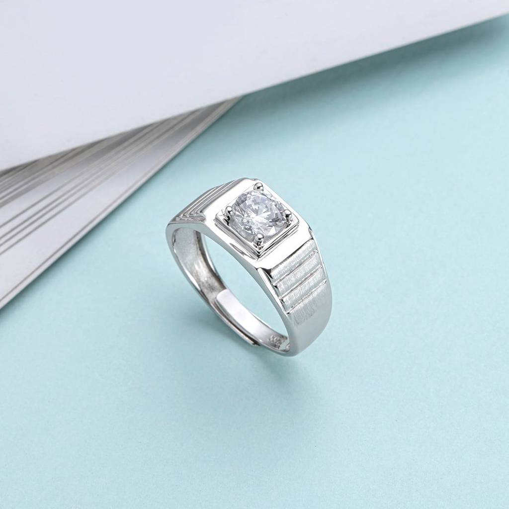Cz Studded Solitaire 925 Sterling Silver Ring For Him (Adjustable) : RNG-40075