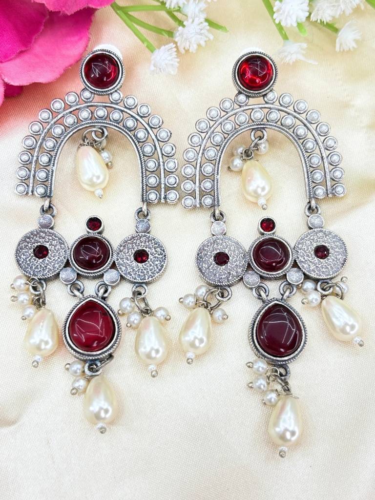 Silver Plated Oxidised Stone & Pearl Embellished Statement Chandbali Earrings : VI26EROX100339