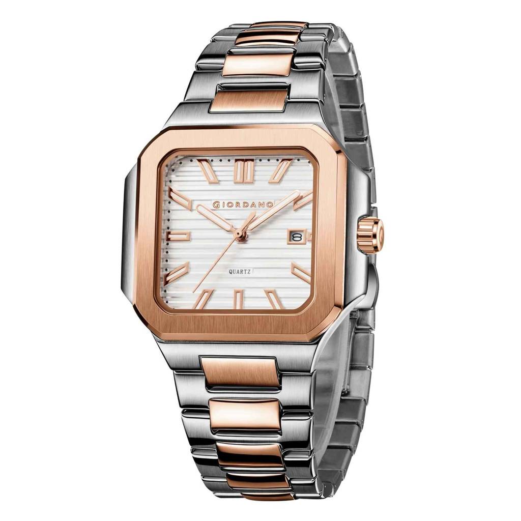 Giordano Square Formal Watch For Men Â Textured Dial,Day & Date Display And Stylish Stainless Steel Strap : GZ-50174-22