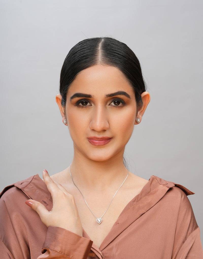 Heart Shaped Multiple Stone Sterling Silver Charm & Stud Earrings Set With Cubic Zirconia : JS-10001-R